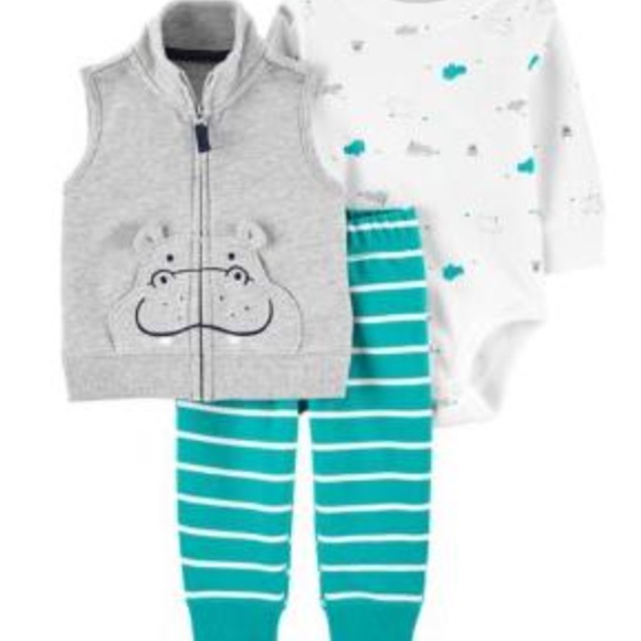 CARTER's: Infant / Baby Boy's 3-Piece Hippo Vest Set - 12m - Picture 1 of 6